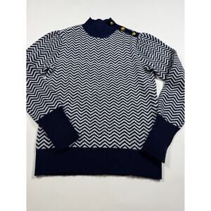 J Crew Blue White Chevron Herringbone Alpaca Blend Shoulder Button Sweater XXS